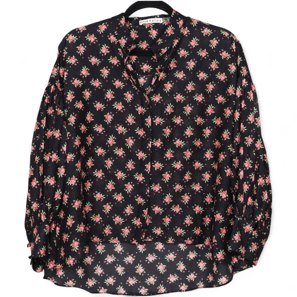 Alice + Olivia Paulita Floral Blouse Womens Size XS Black Silk Blend Long Sleeve